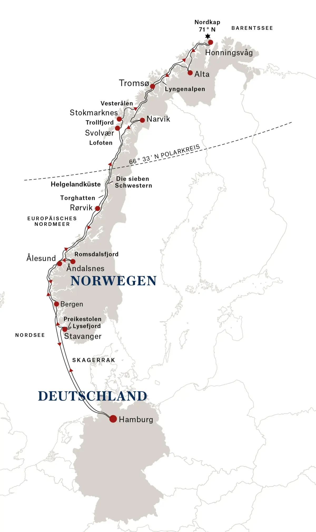 Reisekarte Hurtigruten - Nordlichtzauber Norwegens