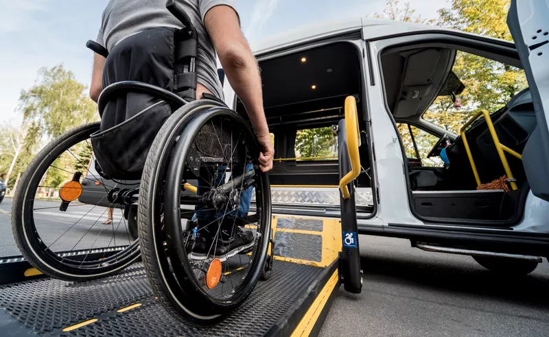 Bild von einem Kleinbus auf einer Straße, umgeben von Bäumen